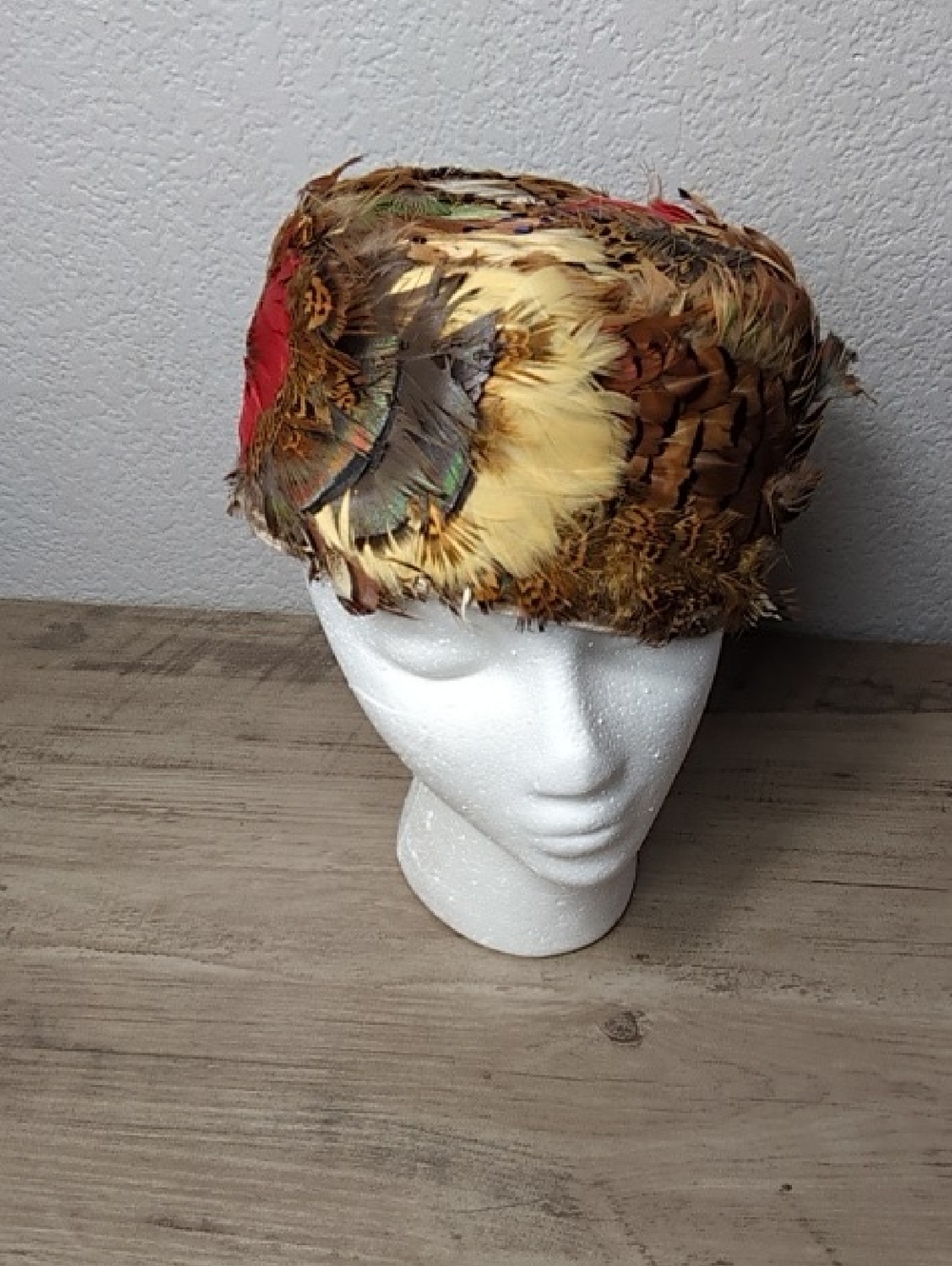 Authentic Linda Anne Fashions pheasant feather PIllbox hat. Vibrant colors. 60s?